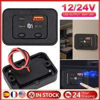 12/24V Quick Charging Adapter Dual USB Ports PD Type-C QC3.0 Car Bus Charger Socket Adapter with Button Switch USB Power Adapter