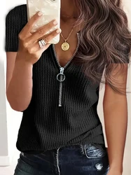 2024 Europe and the United States new spring and summer women's zipper Waffle short-sleeve T-shirt tops