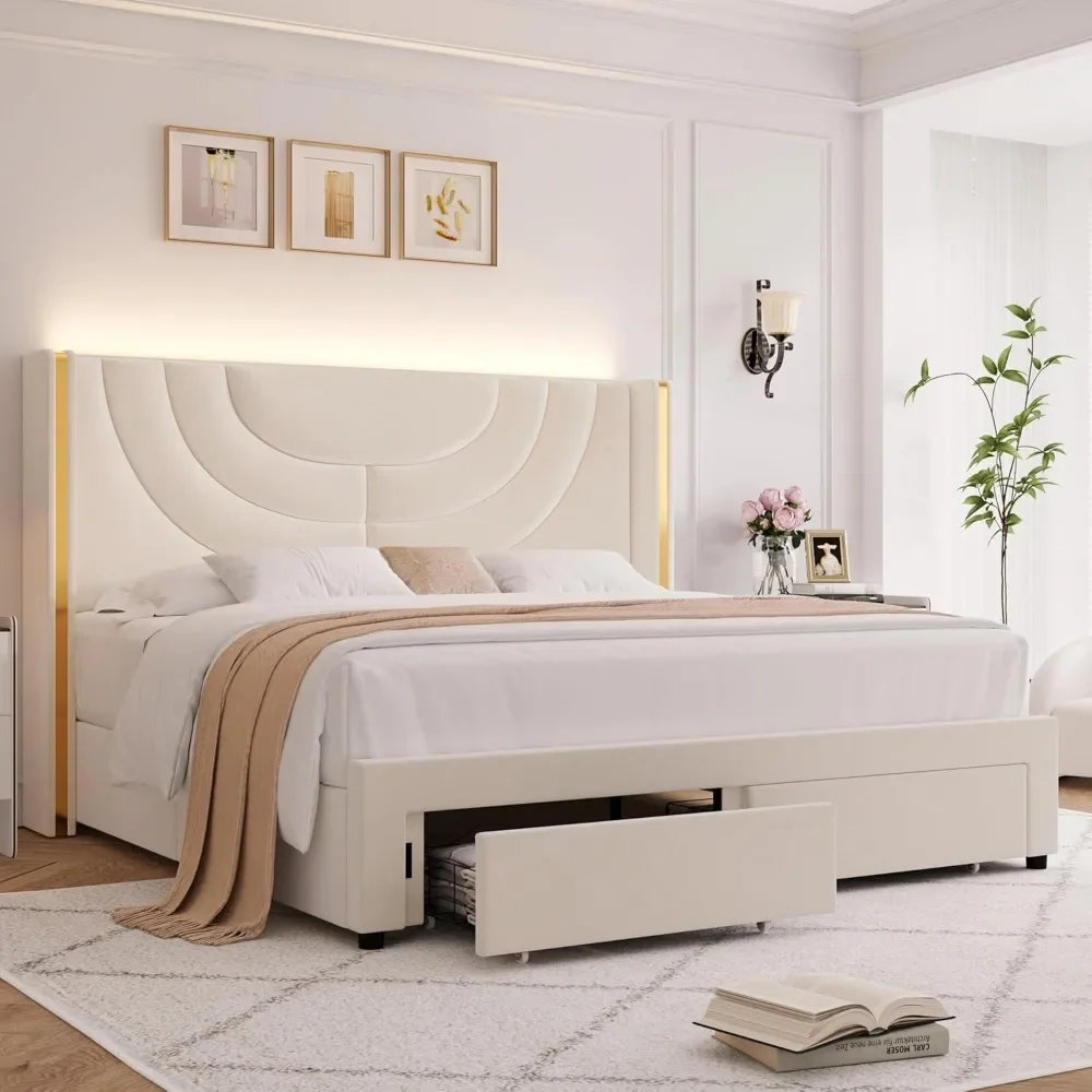 Upholstered LED Bed Frame with 2 Storage Drawers, Velvet Platform Bed with Wingback Headboard, Headboard Splicing Design