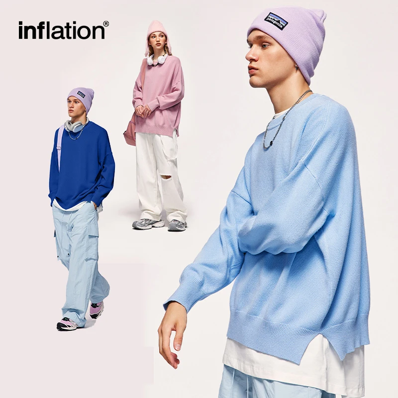 INFLATION Unisex  Oversized Knitwear Sweaters Candy Color Round Neck Knit Sweaters Mens Warm Pullovers