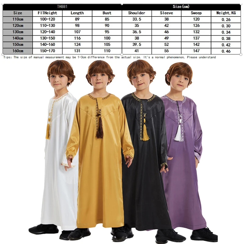 Veste de Kaftan de manga comprida árabe muçulmano do menino, zíper juvenil, gola redonda, fita borla, Oriente Médio, árabe, roupas islâmicas, vestido masculino