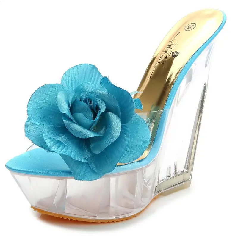 Shoes Woman 2024 House Slippers Platform Transparent Heel Flower Glitter Slides On A Wedge Pantofle Heeled Mules Summer Jelly Ne