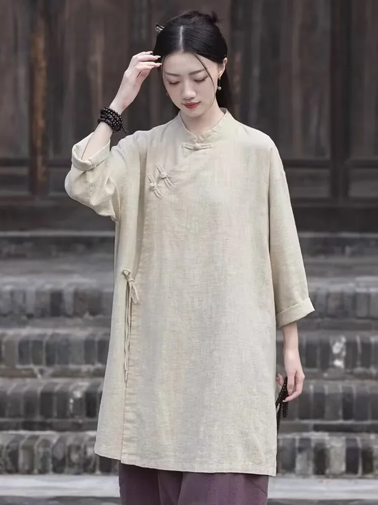 2024 New Chinese Style Retro Cotton and Linen Tops China Traditional Clothing Women Mid-length Shirt Vintage Solid Color