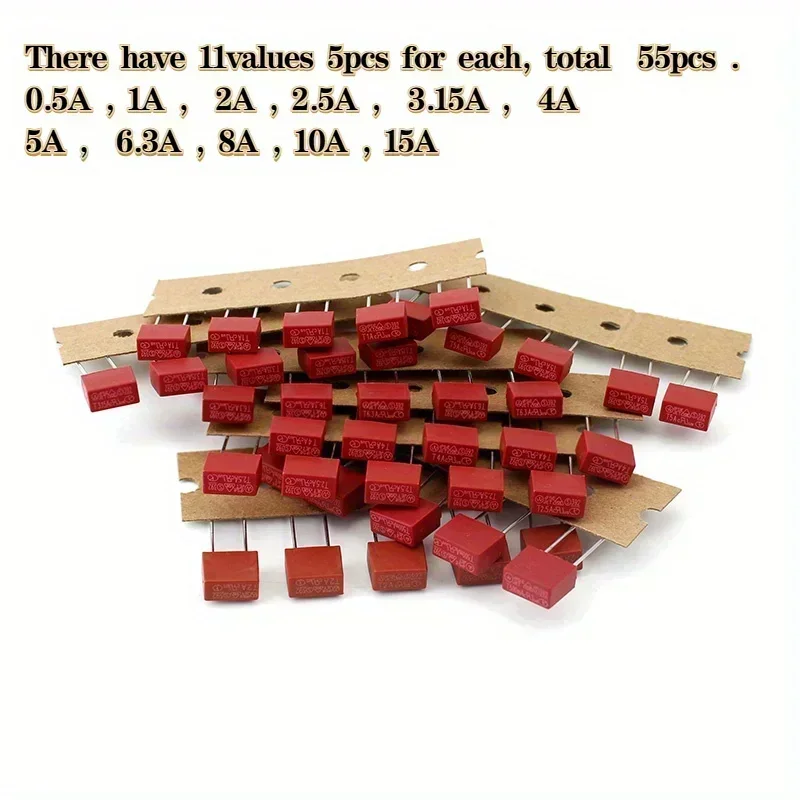 55Pcs Slow Blow Fuse Set 11 Amperage Values 0 5A 15A 250V Fuse Components Kit 0.5A 1A 2A 2.5A 3.15A 4A 5A 6.3A 8A 10A 15A 250V
