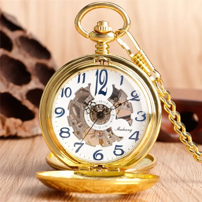 Luxury Pocket Watch Hollow Out Case Handwind Mechancial Watches for Men Women Golden Pendant Chain Collectable Clock