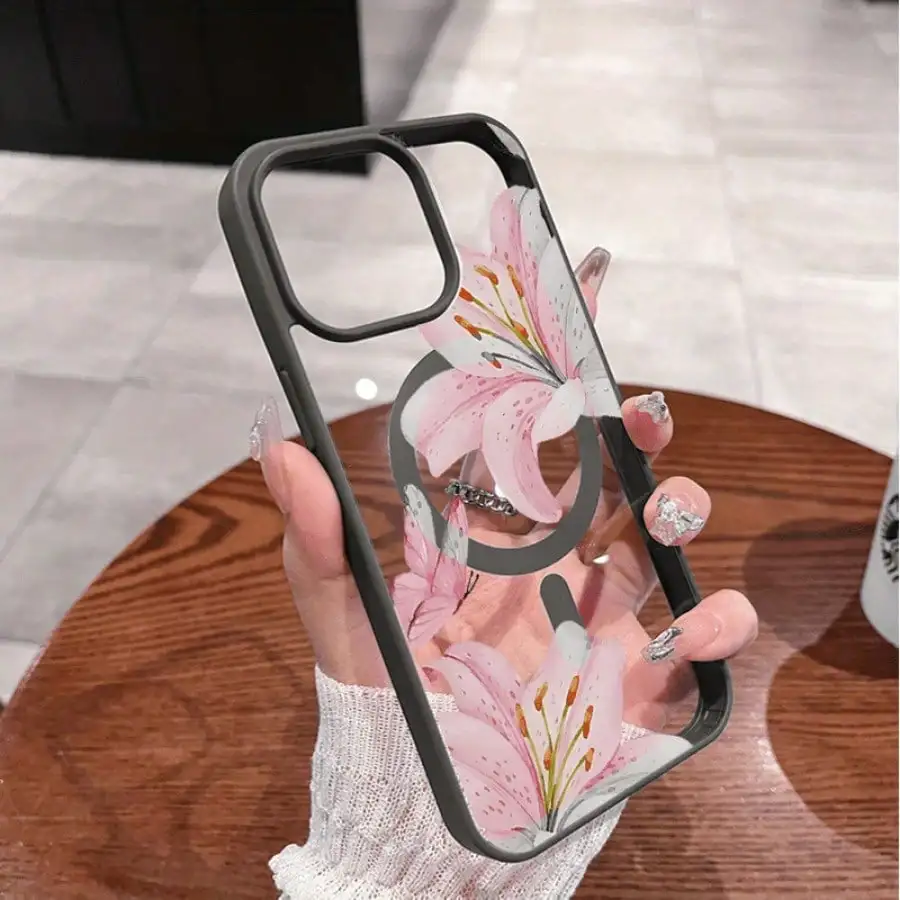 Pink Lily Magnetic Phone Case for iPhone 17 16 15 14 13 12 11Pro Max Plus. It features a stylish pattern design