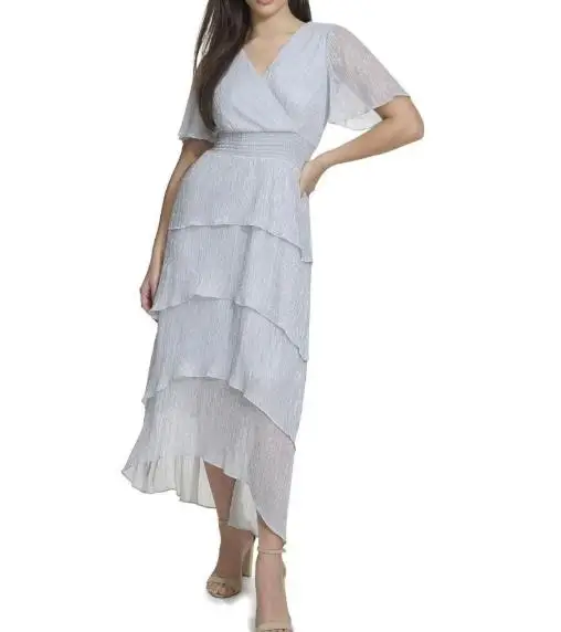 Women's Dress Summer New Style French Elegant Ladylike Style Solid Color V-Neck Waist Cinched Layered Ruffle Edge Cake Dress