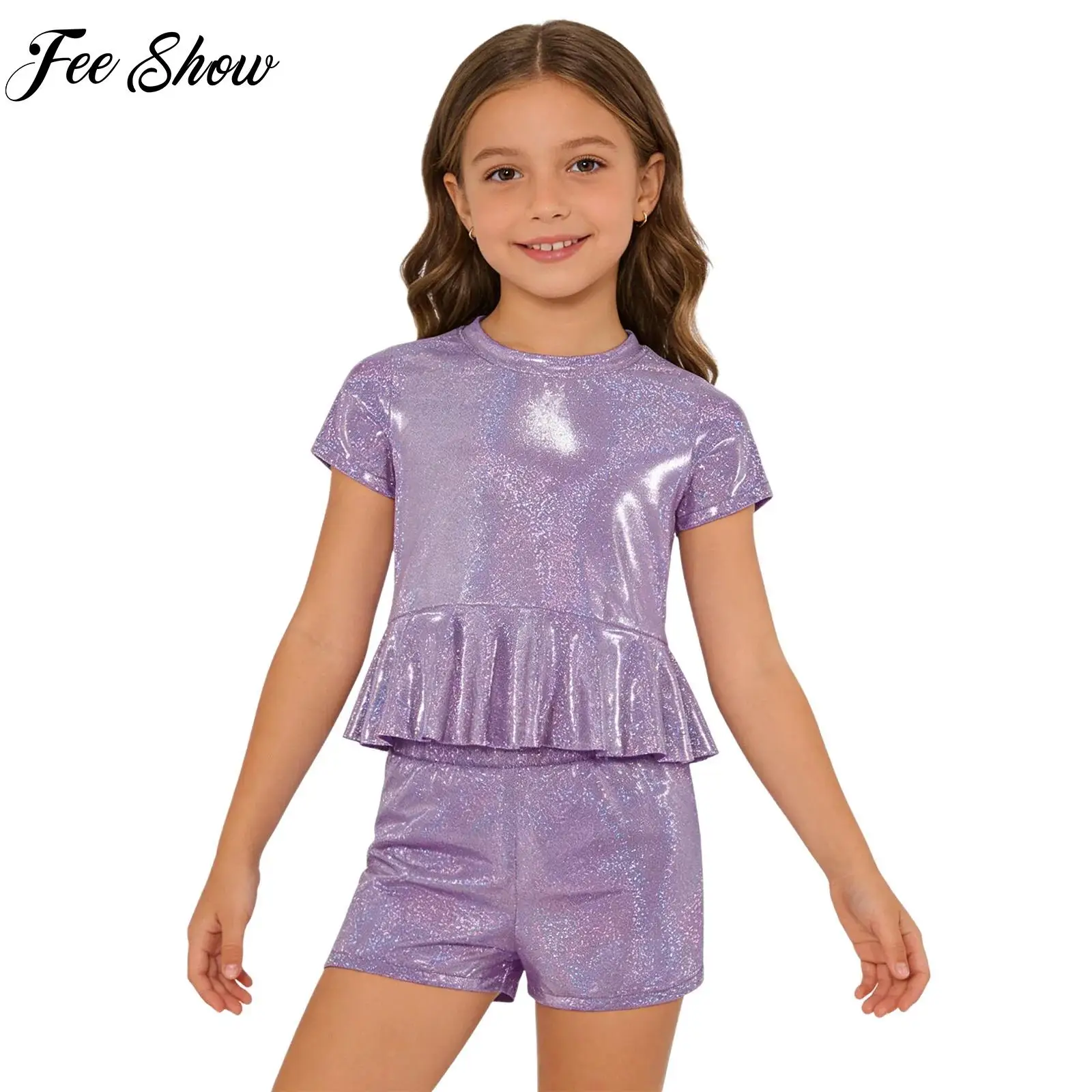 Kids Girls Rhythmic Modern Jazz Cheerleading Costume Metallic Round Neck Short Sleeve Peplum Top with Elastic Waistband Shorts