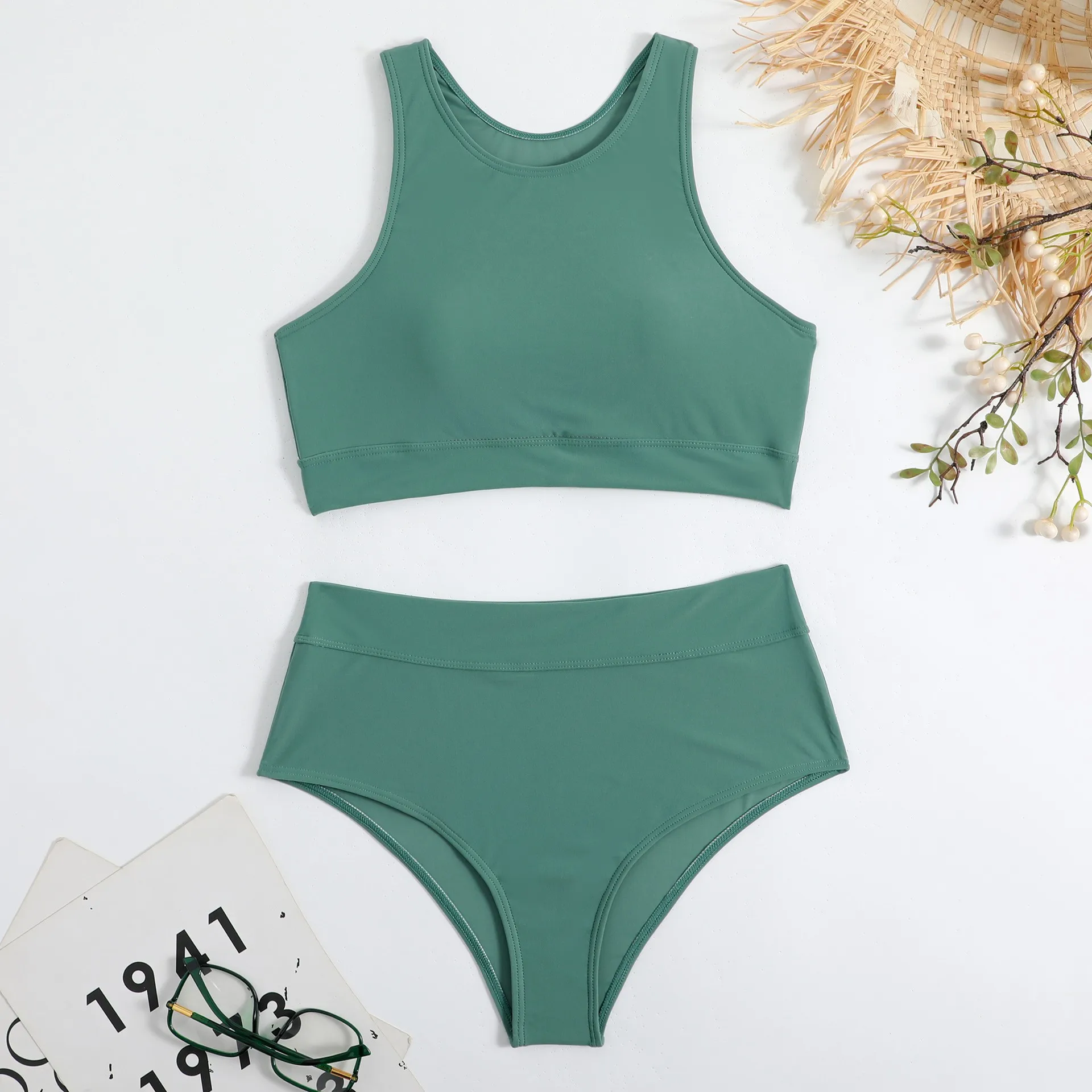 Swimwear 2026 Bikini Sets High Waist Bottom Crop Top Bikinis Women's Sleeveless Solid Color Swimsuit Two Piece Swimsuit Sets