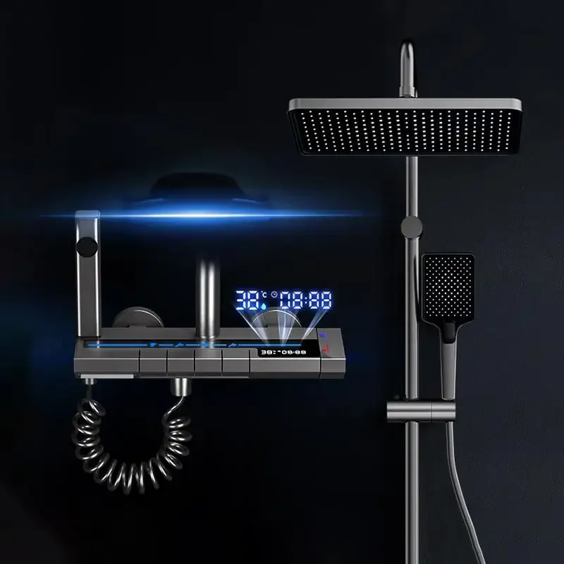 

Bathroom Grey Piano Button Ambient Light Bathroom Shower Full Set Digital Display Shower System Sets Rain Faucets Shower Head