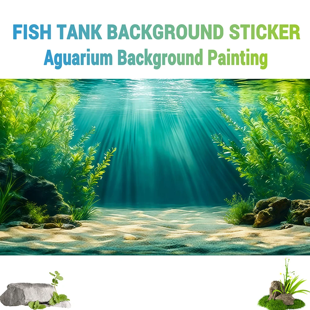 Water Grass Beach, Fish Tank Background Painting, Aquarium Background Painting Sticker, Front Self-Adhesive, Landscape Ornaments