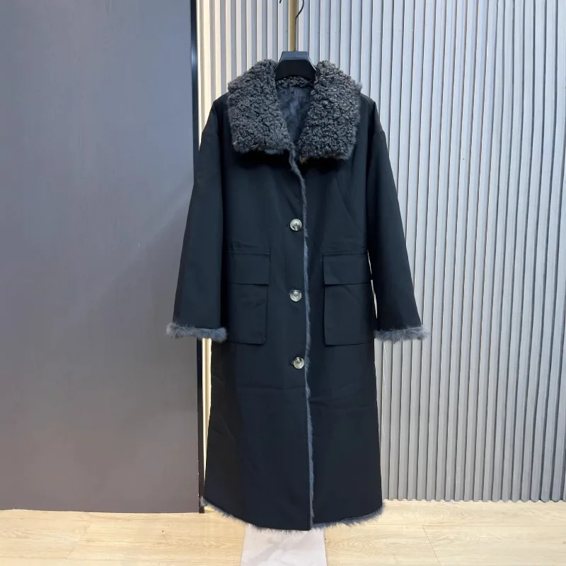 Winter New Style Rabbit Faux Fur Reversible Thickened Warm Woolen Collar Simple Loose Wide Long Furry Coat Long Sleeves Jacket