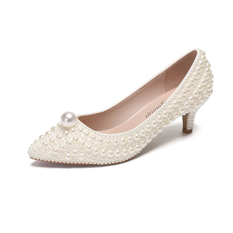 

2026 Новые модные туфли-лодочки с острым носком 5 см, свадебные туфли с белым жемчугом, вечерние туфли на высоком каблуке для подружки невесты, размер 35-43