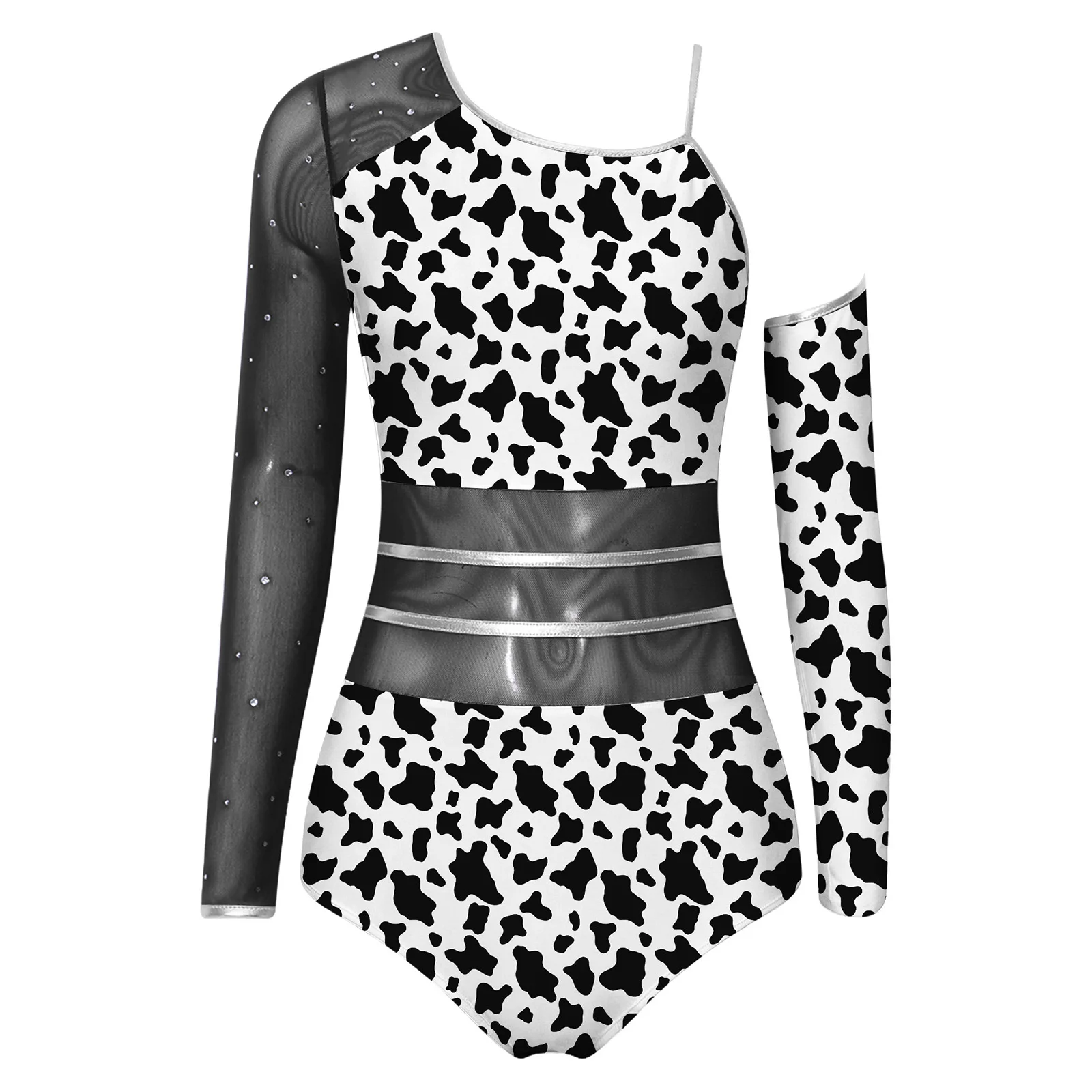 Primitive Style Asymmetrical Bodysuit for Women One Shoulder Mesh Long Sleeve Oversleeve Buttoned Crotch Caveman Ballet Leotard