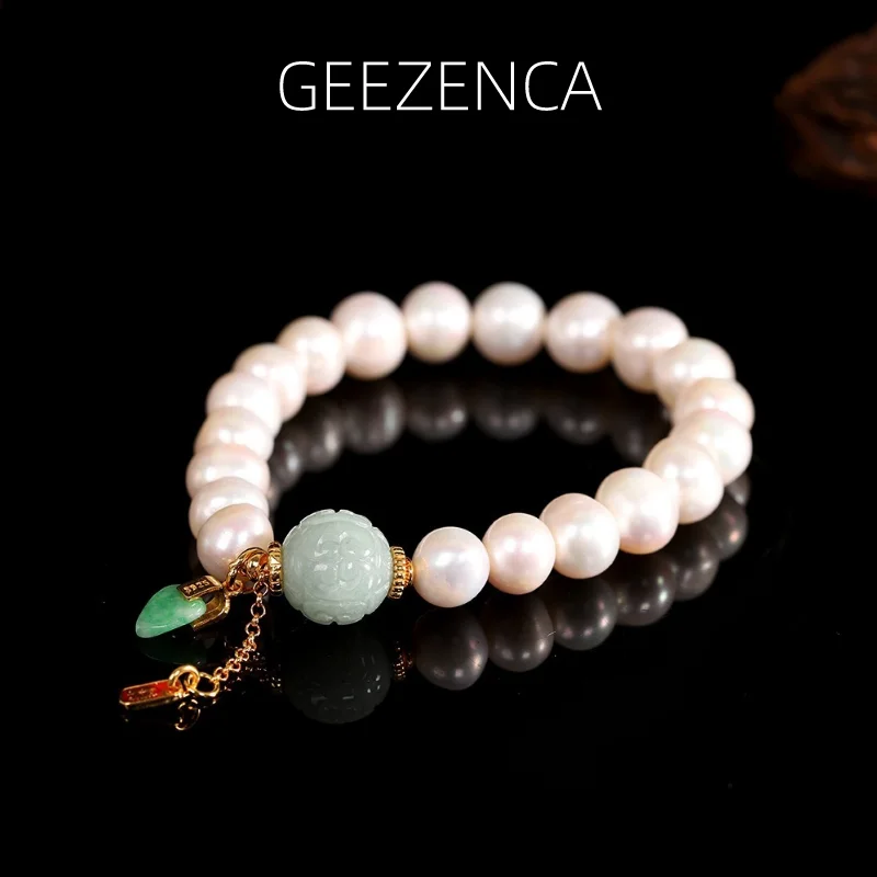 

GEEZENCA Freshwater Pearl Beaded Bracelet Luxury Handmade 925 Silver Gold Plated Jade Charm Bracelets Elastic Rope Retractable