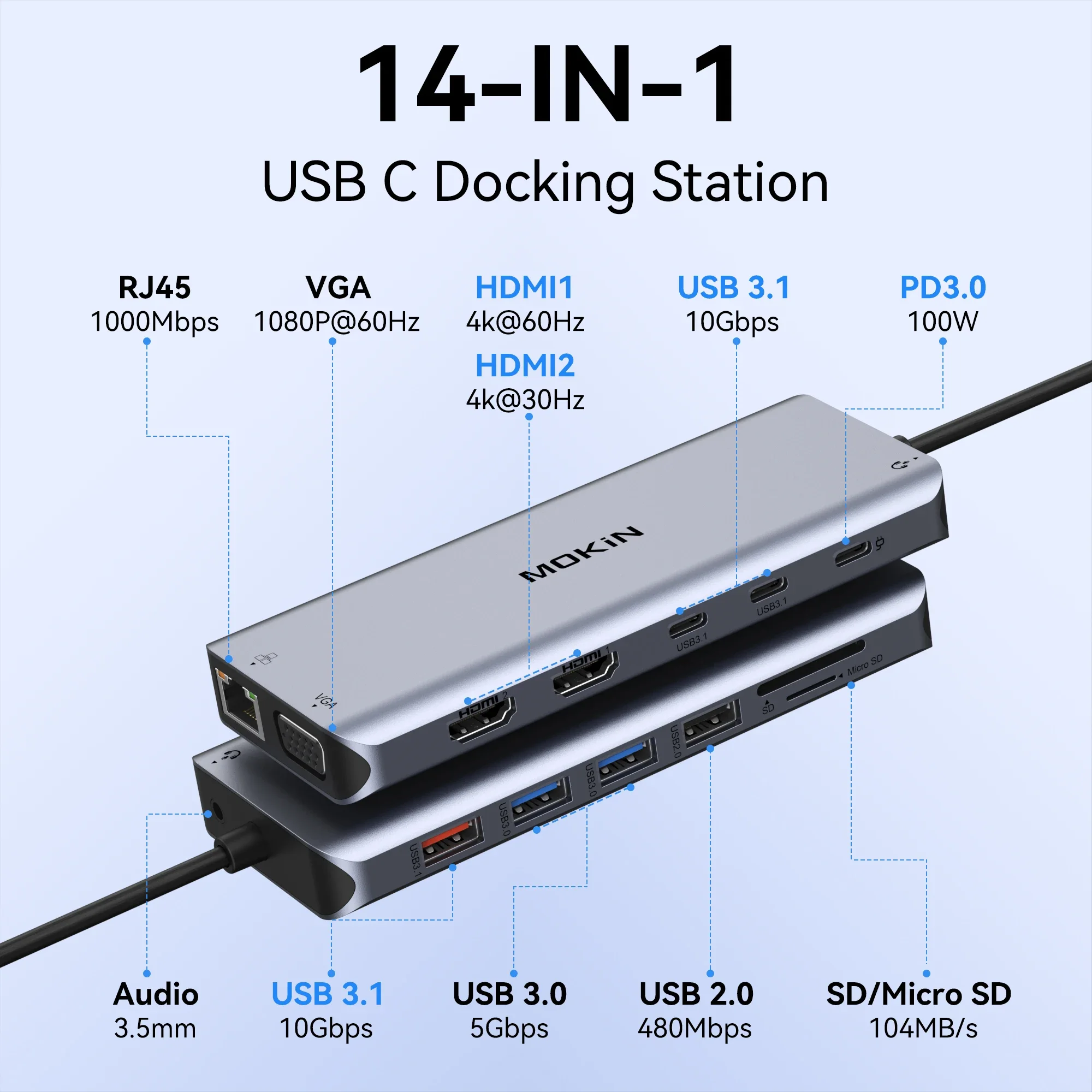موكين USB C HUB Type C 4K@60 هرتز HDMI Hub، VGA 3USB 3.1 10Gbps PD RJ45 SD/TF محطة إرساء لملحقات الكمبيوتر المحمول MacBook Air Pro