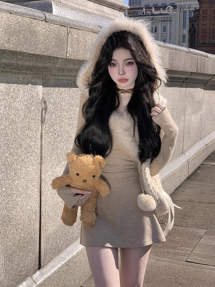 REDDACHiC Faux Fur Trim Knit Mini Dress Women Pompom Hooded Long Sleeves Slim Shirring Bodycon One-piece Casual Winter Clothes