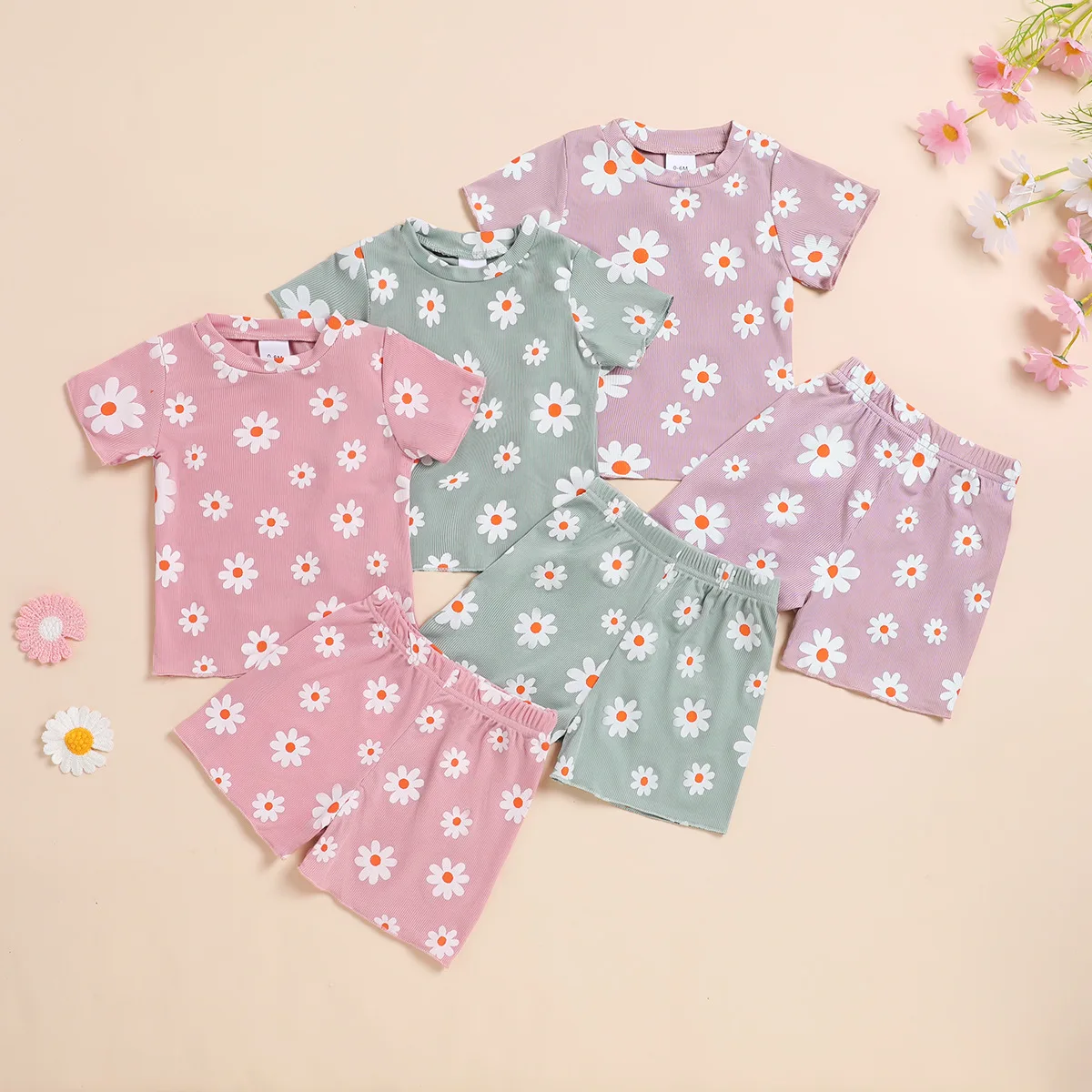 

Комплекты для девочек 2026: летний костюм с шортами и коротким рукавом, дышащий, удобный, с ромашками, для малышей