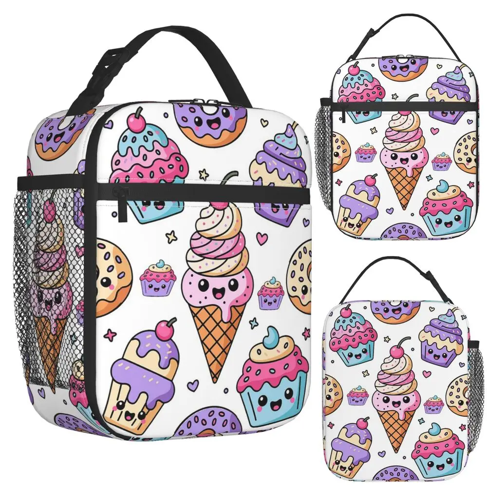 Cartoon Donut Ice Cream Pattern Insulated Lunch Bag for Women Kids Portable Food Boxes Thermal Lunch Box Tote