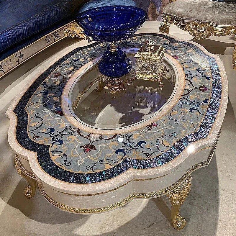 French solid wood colored shell parquet oval tea table luxury European court coffee table villa living room household tea table