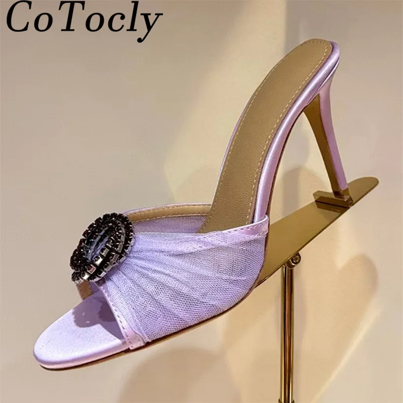 

Summer High Heels Slippers Women Satin Mesh Pleated Runway Shoes Woman Rhinestone Buckle Slides Stiletto Sandals Woman