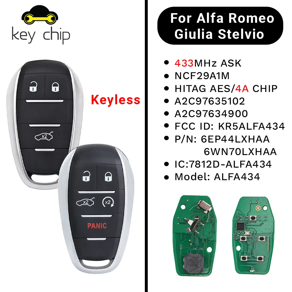 Key chip for Alfa Romeo Giulia Stelvio 2017 2018 2019 2020 Remote Key Fob KR5ALFA434 Continental: A2C97635100 433MHz 4A Chi