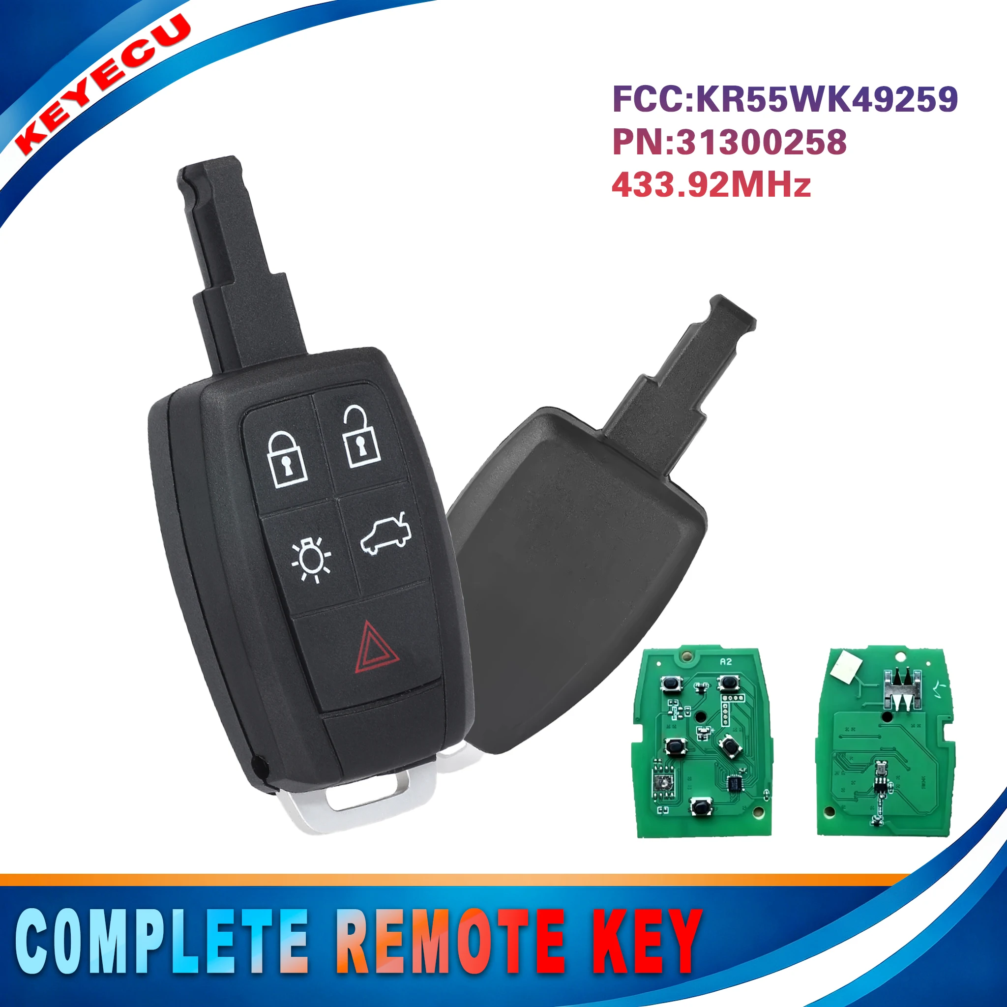KEYECU KR55WK49259 31300258 ID48 433.92MHz Remote Key Fob for Volvo C30 V40 S40 V50 D50 S60 C70 V70 XC90 5 Button