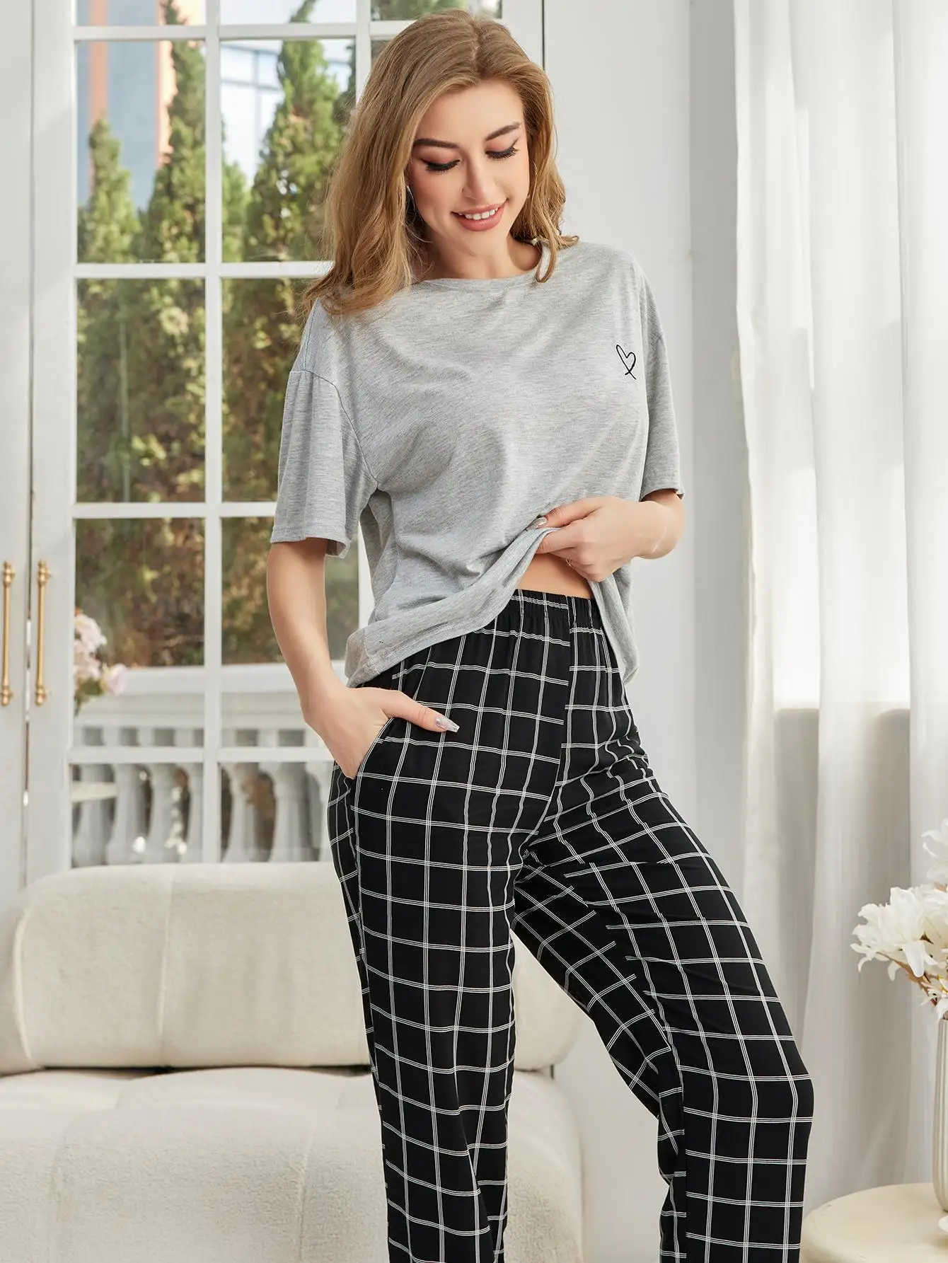 Women's Sleepwear Set, Casual Checkered Short Sleeved Pants Set, Cotton Summer Sleepwear, Women's Home Clothes