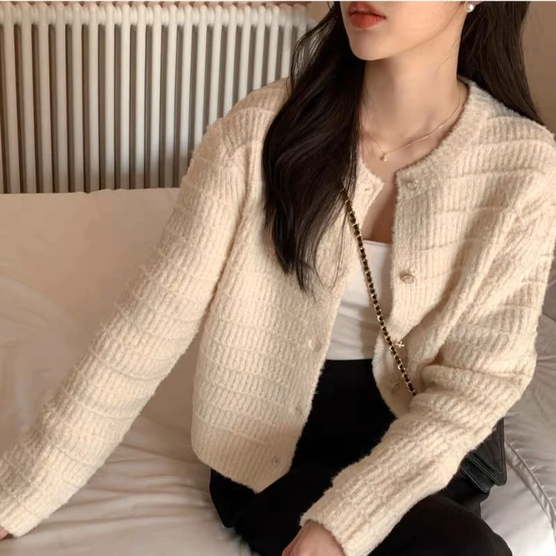 Outono elegante coreano o pescoço jaqueta de manga longa feminina doce rosa pequena fragrância retro curto cardigan de malha para senhora primavera