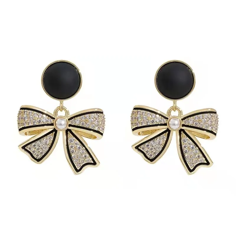 Korean Style Black Bowknot Dangle Earrings for Women Rhinestone Heart Shape Geometric Tassel Earrings Weddings Party Jewelry Gif