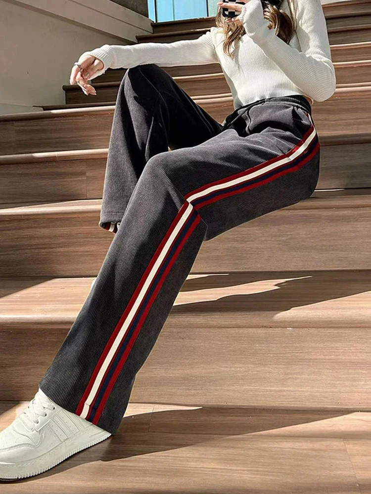 Corduroy Wide Leg Pants Women Casual High Waist Plush Velvet Lined Sweatpants Thicken Pantalones Warm Straight Spodnie E194