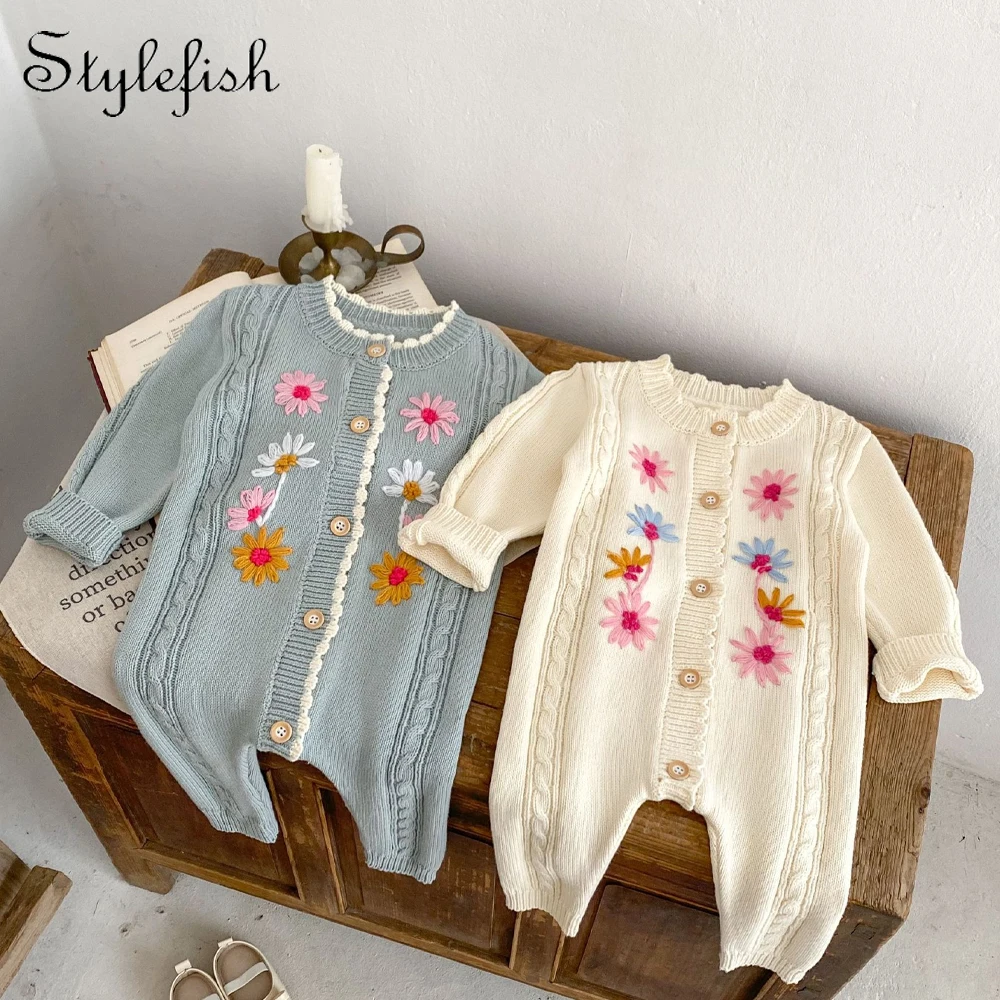 Spring And Autumn New Baby Clothing For Girls Handmade Embroidered Knitted Long Creeper Jumpsuit Fresh Creeper