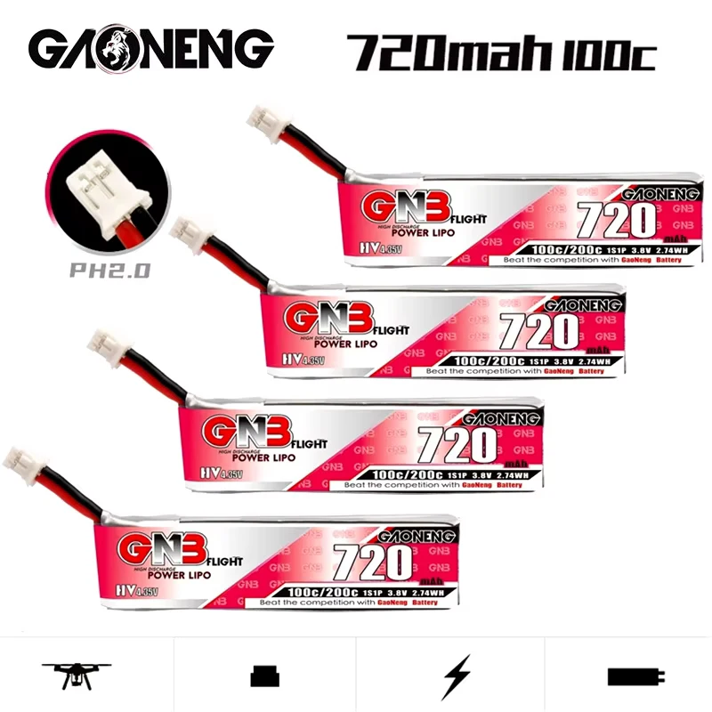 1-10PCS GAONENG GNB 1S 720mah 3.8V 100C/200C HV Lipo Battery With PH2.00 plug for Quadcopter FPV Drone Tinywhoop Frame RC Drone