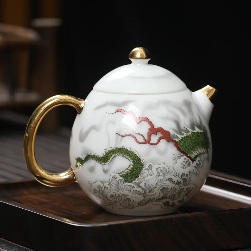 White Sheep's Fat Jade Porcelain Teapot White Porcelain Depicting Gold Brewing Teapot Kung Fu Tea Set Accessories Gift