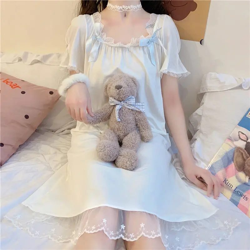 Camicie da notte donna Mini Sleepwear Kawaii Clothes Home Soft Summer Square Collar Lace-spliced Girls Sweet White Lounge Kpop Trendy