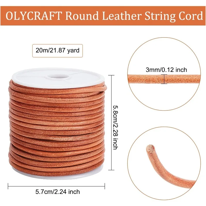 Corde ronde en cuir véritable pour bijoux, 21.9 yards, 2.6mm, pour document BurlyWood, pour exécutif