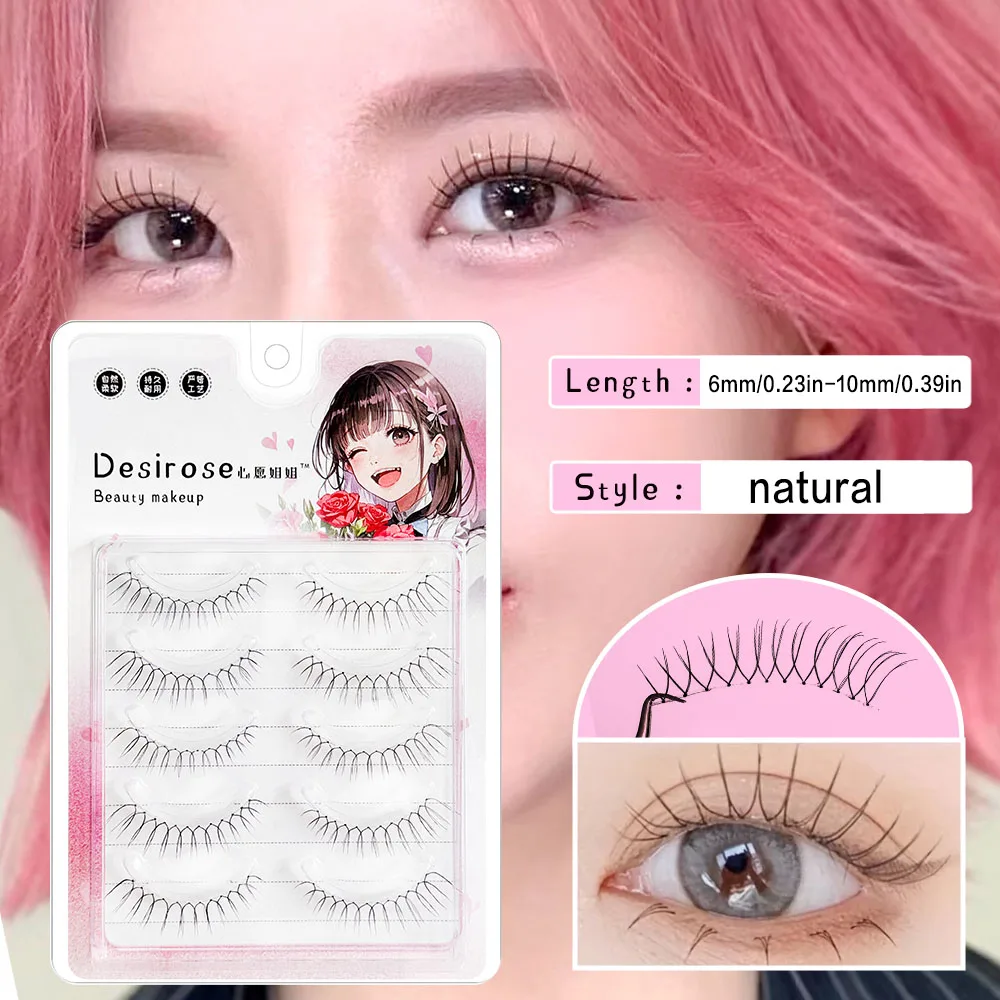 Extensões de cílios longos naturais, 5 pares, cílios cosplay de fadas, adequados para maquiagem diária e namoro, reutilizáveis.