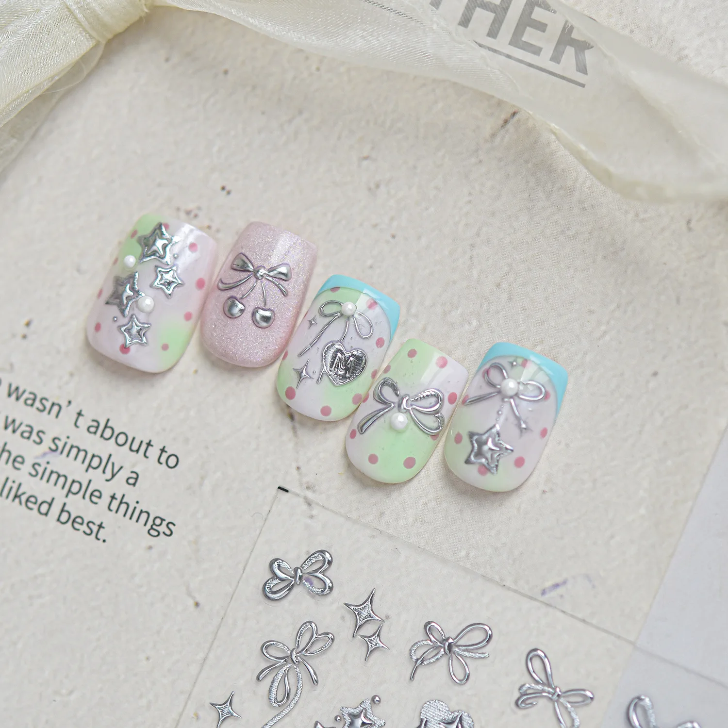 1Pcs Silver Bow Star Nail Stickers Cherry Bows Star Love Heart Pearl 5D Crystal Nail Decoration Self Adhesive Nail Stickers DIY view 4