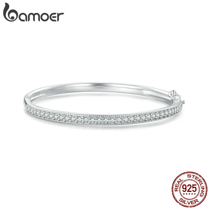 

BAMOER 925 Sterling Silver CZ Bangle Bracelet Plated in Platinum Fine Jewelry Gift for Mom Women Wife Girls BSB130