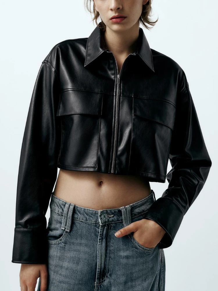 ZBZA Woman\'s Faux Leather Cropped Shirt Jacket TRAF Spring Lapel Long Sleeves Patch Pocket PU Short Shirt Coat Female Chic Shirt