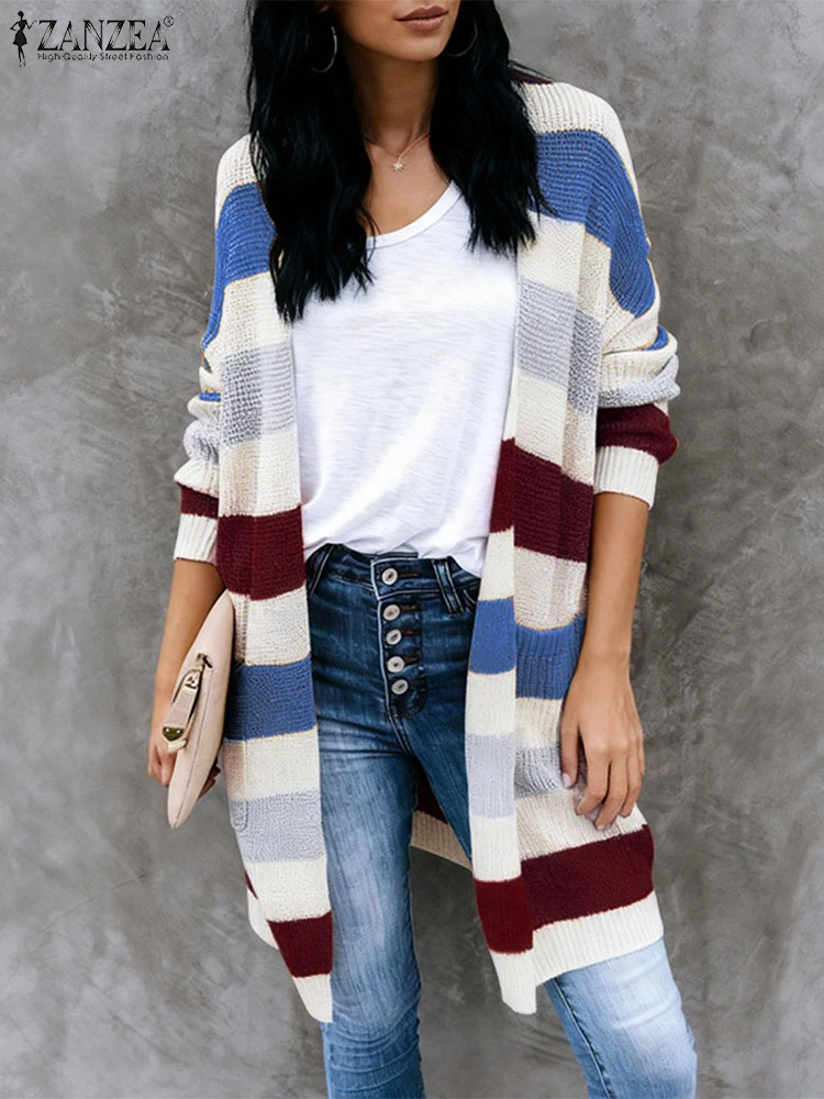 ZANZEA เสื้อสเวตเตอร์ถักผู้หญิง เสื้อคาร์ดิแกนยาวลายทาง เสื้อสเวตเตอร์แฟชั่นแขนยาว เสื้อคลุมลำลองสำหรับฤดูใบไม้ร่วงและฤดูหนาว เสื้อถัก