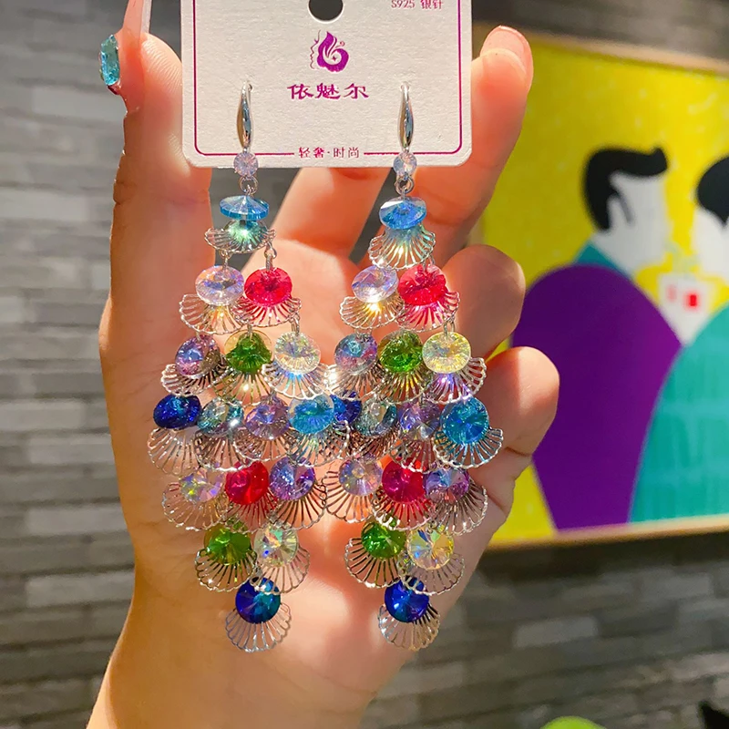 2024 New Colorful Crystal Dangle Drop Earrings for Women Trend Korea Fashion Luxury Wedding Party Banquet Unusual Jewelry Gifts