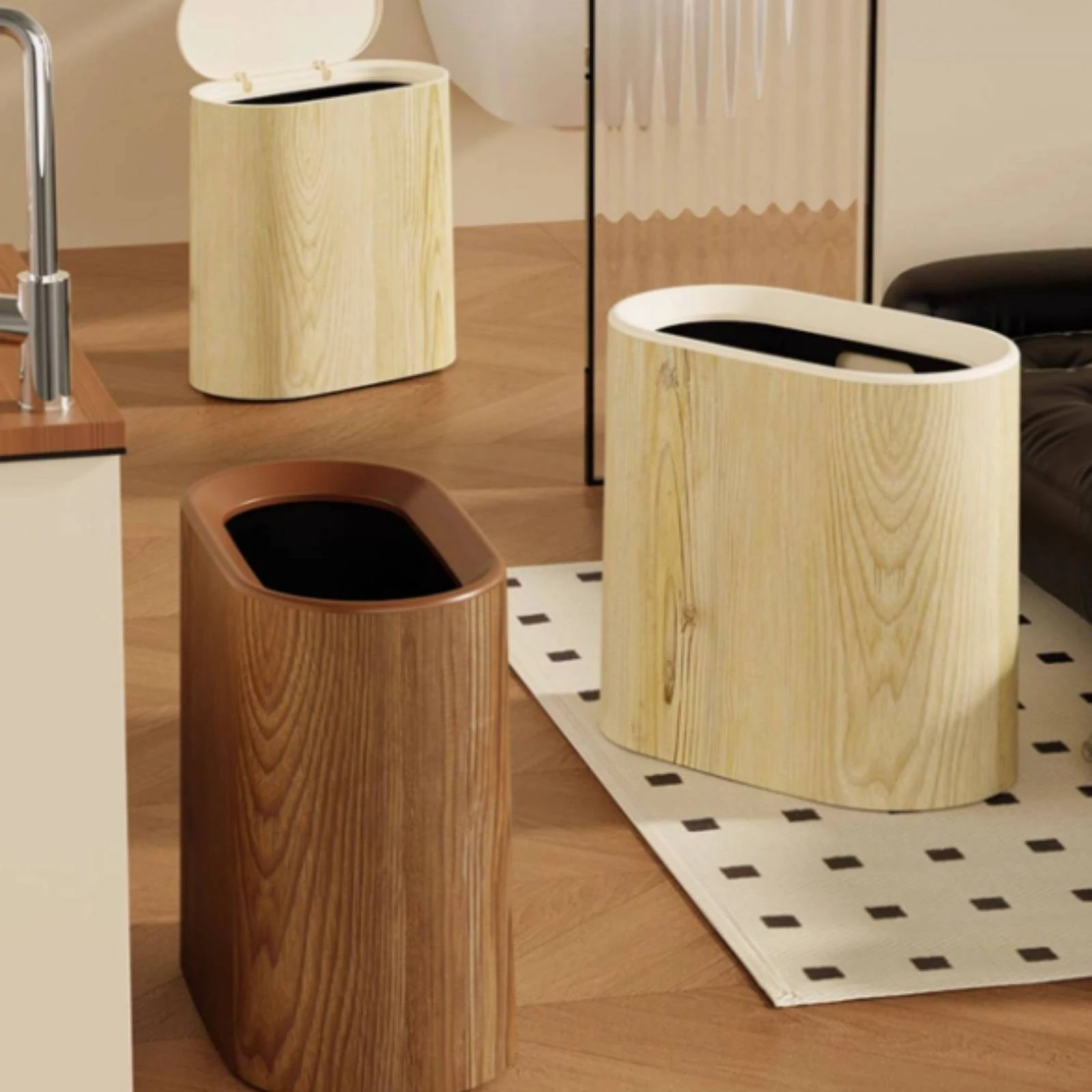 

Slim Waste Bin Narrow Wood-Grain Waste Bin Wood Grain Trash Can Polished Rim Household Container No Lid