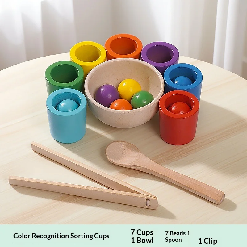 7色認知マッチングソーティングカップ – 子供の集中力トレーニングのための木製教育玩具