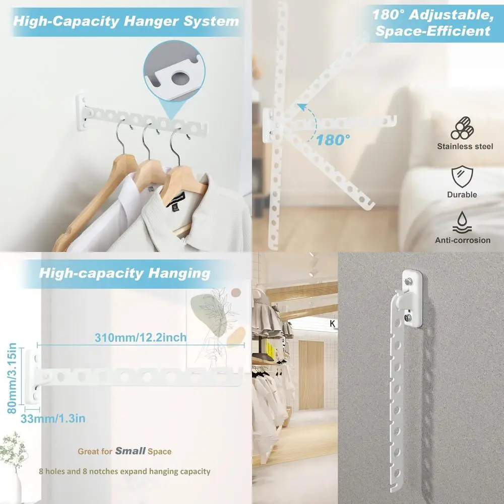 

Wall-Mounted Stainless Steel Folding Laundry Rack, Space-Saving Swivel Clothes Hanger for Home, Matte White, Set of 2