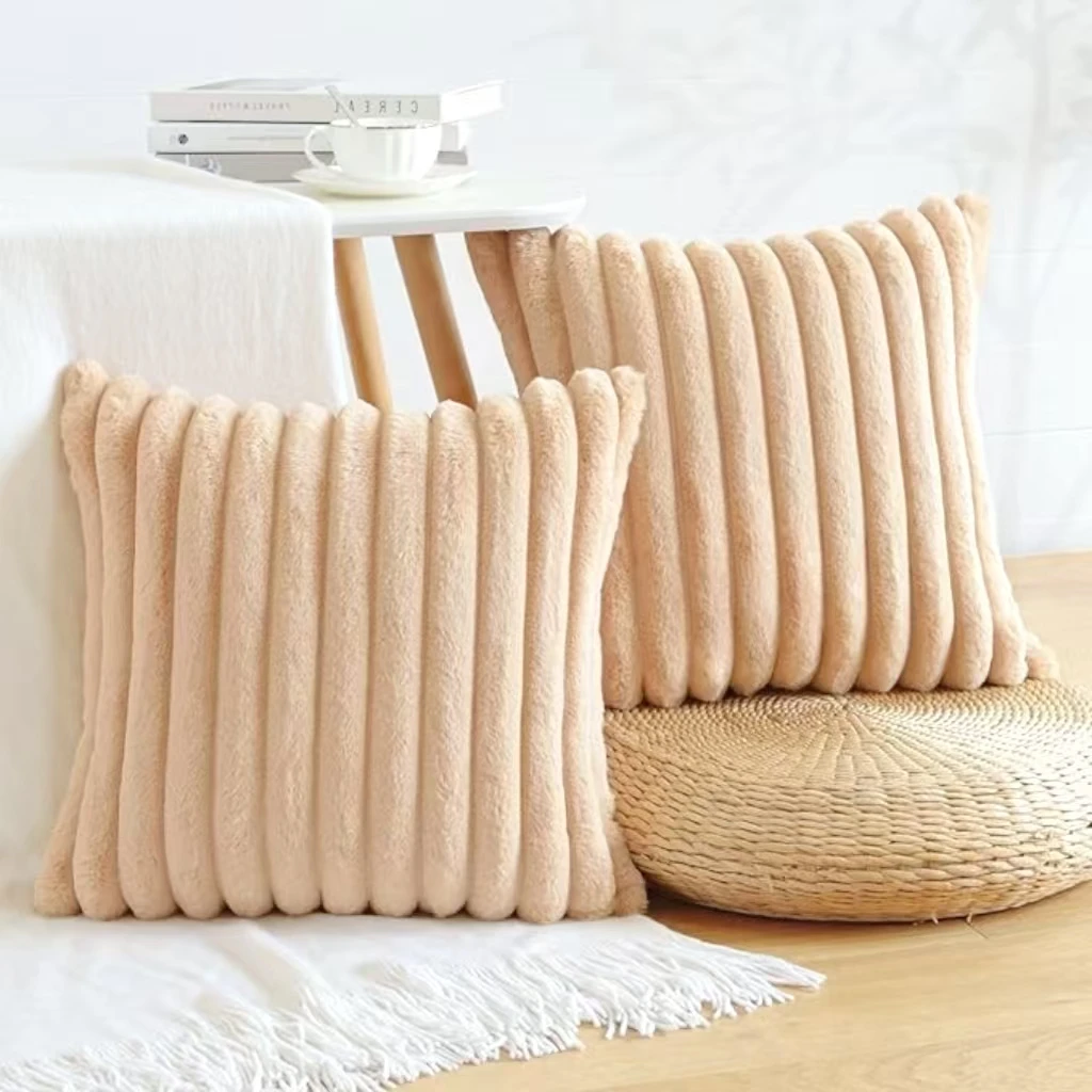 2er-Pack Künstliche Plüsch-Kissenbezüge, Luxuriöse Weiche Gestreifte Dekorative Kissenbezüge, Geeignet für Sofa-Innenräume – Detail 9