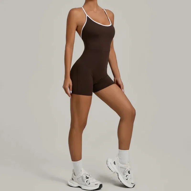 

Seamless Yoga Jumpsuit Color Block Cross Strap Push-Up Butt-Lifting Bodysuit Stretchy Yoga Outfits for Women Running Gym Workout