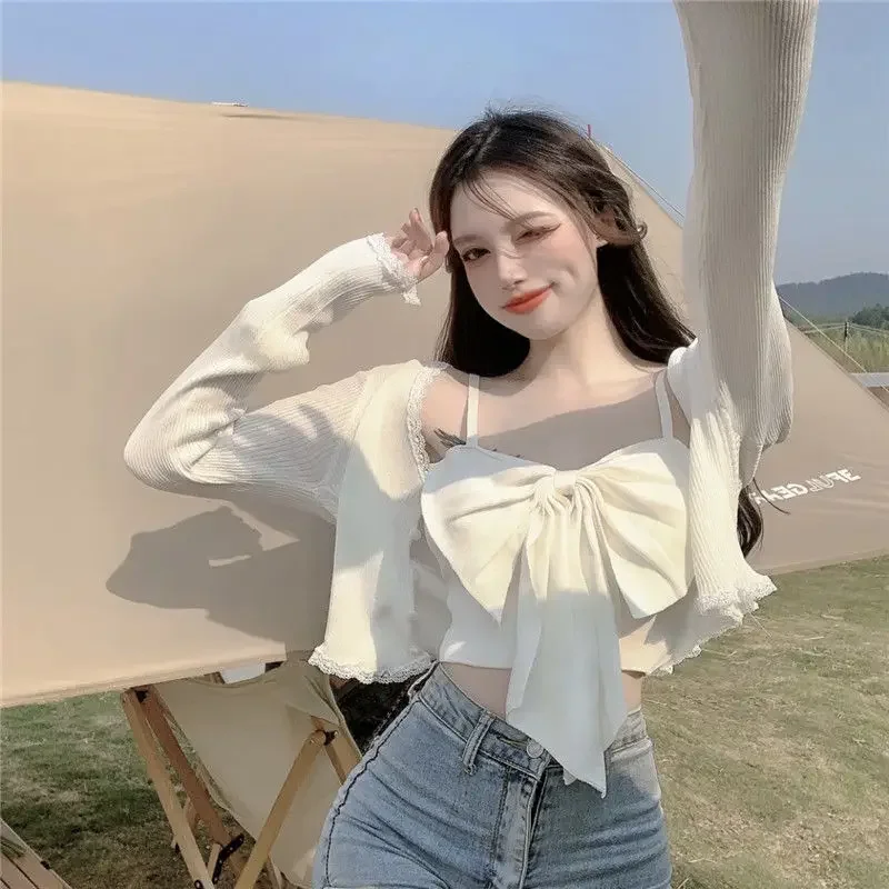 

Sexy Bow Tie Summer Long Sleeve Cardigan Y2k Crop Top Camisole Vests Korean Fashion Women Tops Olid Colours New Slim