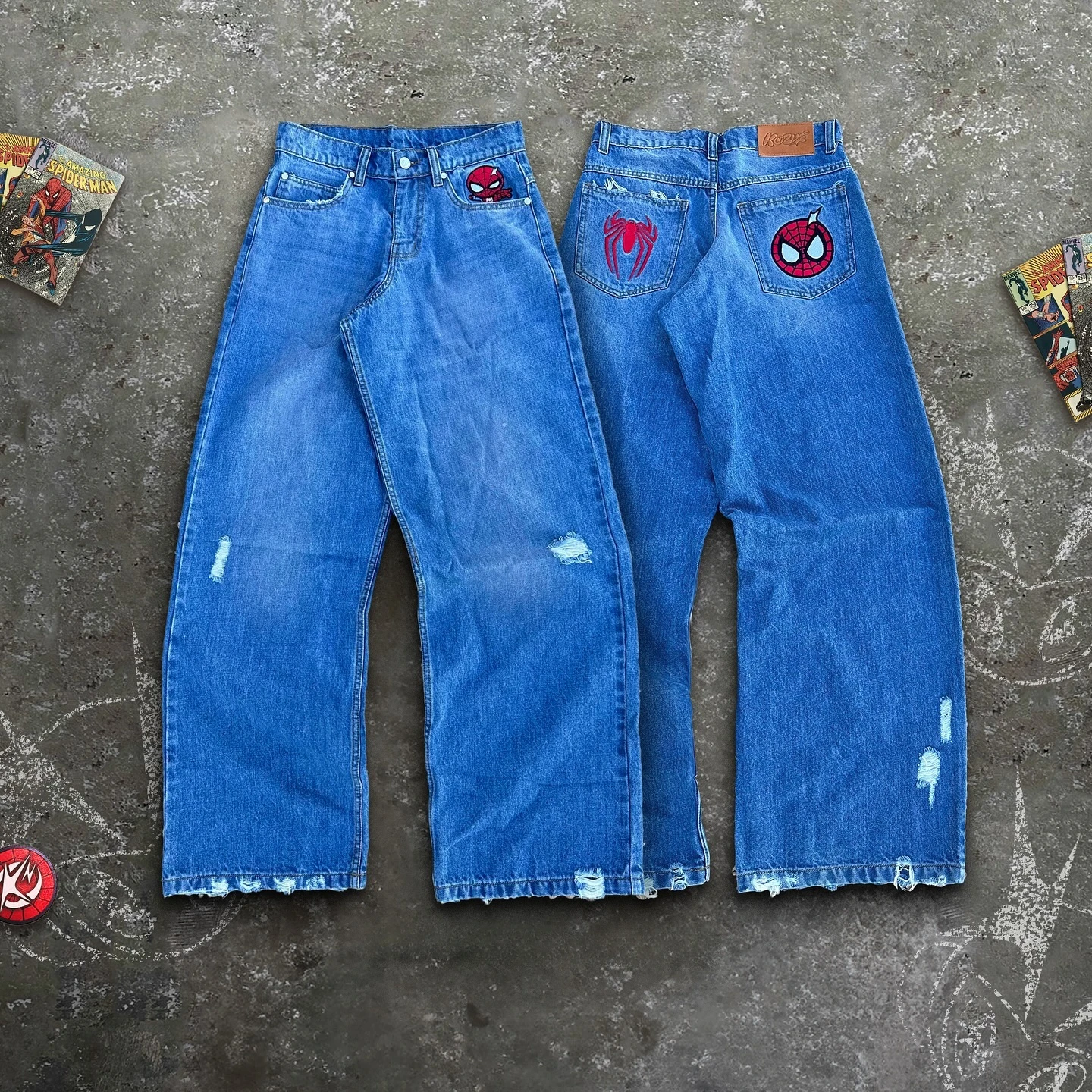 American Spider Jeans Y2K Abbigliamento Uomo Donna Harajuku Hip Hop Cartoon Retro Blue Jeans larghi Pantaloni a gamba larga a vita bassa