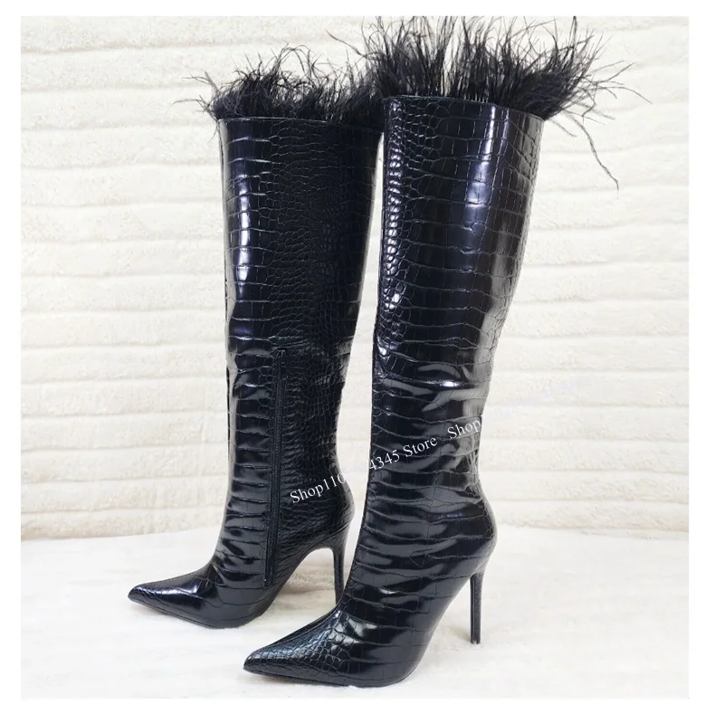 

Black Fur Decor Pointed Toe Boots Thin High Heel Knee High Fashion Sexy 2023 Summer Casual Big Size Woman Shoes Zapatillas Mujer